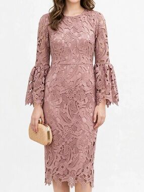 Rachel Parcell Dusty Rose Lace Bell Sleeve Dress XS- Wedding Guest Midi